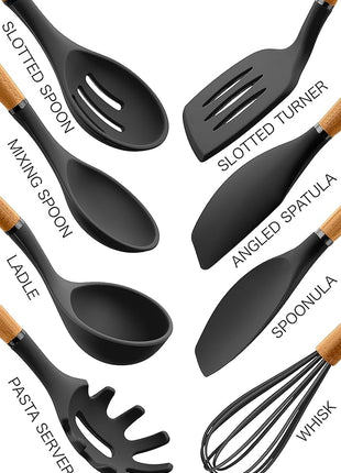 Country Kitchen Non Stick Silicone Utensil Set with Rounded Wood Handles for Cooking and Baking, 8 Piece Set, Black