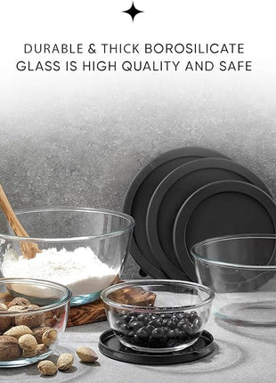 JoyJolt Kitchen Mixing Bowls - 8pc Glass with Lids Set – Neat Nesting Large Bowl Batter Cooking Storage and Big Salad BPA-Free Black