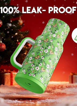 Meoky 40 oz Christmas Tumbler with Handle and Straw, Xmas Tumbler with Lid and Straw, Insulated Stainless Steel Travel Mug, Christmas Gifts for Women Men Adults (Jingle Bloom)