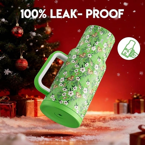 Meoky 40 oz Christmas Tumbler with Handle and Straw, Xmas Tumbler with Lid and Straw, Insulated Stainless Steel Travel Mug, Christmas Gifts for Women Men Adults (Jingle Bloom)