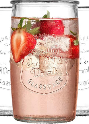 Glaver's Drinking Glasses Set of 4, Vintage Italian Style – Elegant 20 Oz Clear Tumbler Glassware Set– Genuine Artisan-Made for, Refreshing Drinks, Beverages, Cocktails.