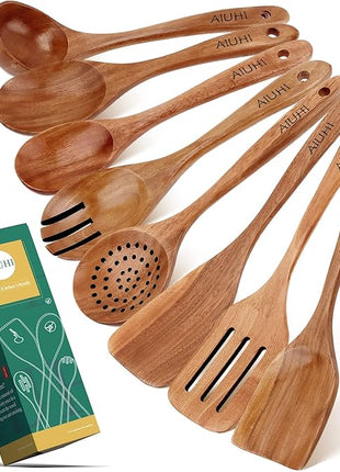 AIUHI Wood Spoons for Cooking, Nonstick Kitchen Utensil Set, Wooden Spoons Cooking Utensil Set Non Scratch Natural Teak Wooden Utensils for Cooking (Teak 8 Pack)