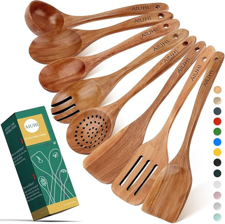 AIUHI Wood Spoons for Cooking, Nonstick Kitchen Utensil Set, Wooden Spoons Cooking Utensil Set Non Scratch Natural Teak Wooden Utensils for Cooking (Teak 8 Pack)