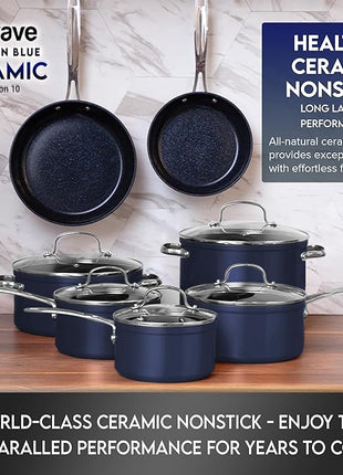 Nuwave Healthy Duralon Blue Ceramic Nonstick Cookware Set, Diamond Infused Scratch-Resistant, PFAS Free, Dishwasher & Oven Safe, Induction Ready & Evenly Heats, Tempered Glass Lids & Stay-Cool Handles
