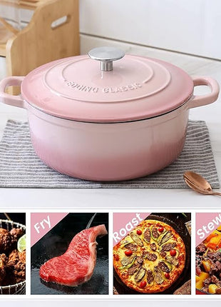 Enameled Cast Iron Covered 5.5 Quart Dutch Oven with Dual Handle, Dutch Ovens with Lid for Bread Baking, Pink