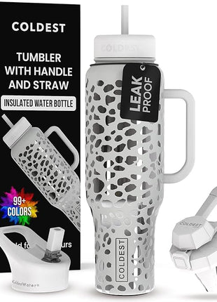 Coldest Tumbler with Handle and Straw, 100% Leak Proof Insulated Tumbler with Lid and Straw (3 Lids), Stainless Steel Tumblers for Women & Men, Cup Holder Friendly, 46 oz (Silver Leopard)