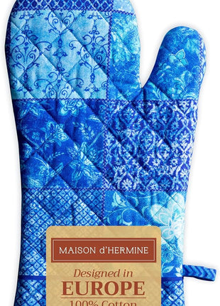 Maison d' Hermine Oven Gloves 100% Cotton Oven Mitt 7" x 13" with Loop Heat Resistant, BBQ, Cooking Gloves, Baking, Grilling, Kitchen, Handling Hot Pans Spring/Summer (Pack of 1, Indigo Love)