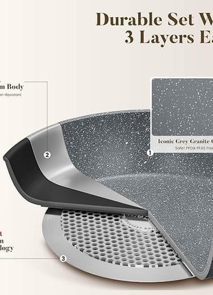 Kitchen Academy Induction Cookware Sets - 12 Piece Gray Cooking Pan Set, Granite Nonstick Pots and Pans Set