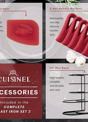 Cuisinel Cast Iron Cookware Set - Complete Pre-Seasoned Kit - 8" Skillet & 10" + 12" Skillets with Glass Lid + Grill Pan + Multi-Cooker/Dutch Oven + Flat Griddle + Pizza Pan + Organizer Rack - 2024