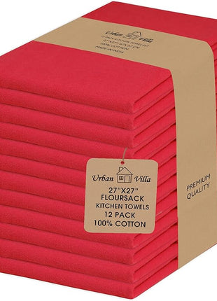 Urban Villa Flour Sack RedKitchen Towels 100% Cotton Highly Absorbent Dish Towels for Bread Proofing Baking Drying Dinnerware Glass Embroidery DIY Projects Zero Lint 27x27 Inches (12 Pack)