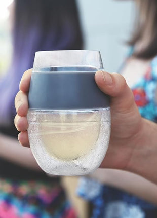 HOST 2962 Freeze Stemless Red & White Wine Tumbler Cups, Insulated Plastic Glass, Set of 2, 8.5 oz, Grey Silicone Bands