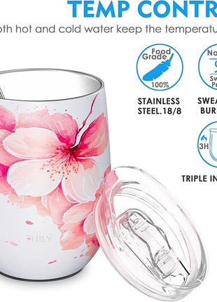 THILY Vacuum Insulated Stemless Wine Tumbler 12 oz Stainless Steel Wine Glass with Lid and Straw, Keep Cold or Hot for Coffee, Cocktails, 2 Pack(Lotus Flower + Cherry Blossoms)