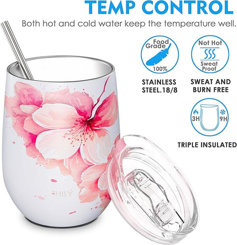 THILY Vacuum Insulated Stemless Wine Tumbler 12 oz Stainless Steel Wine Glass with Lid and Straw, Keep Cold or Hot for Coffee, Cocktails, 2 Pack(Lotus Flower + Cherry Blossoms)