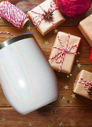 MEWAY 12oz/8 Pack Wine Tumbler Glasses with Lid - Stemless Double Wall Vacuum Stainless Steel Glitter Tumbler - Keeping Cold & Hot Cup for Coffee,Gift for Women(Rainbow White,Set of 8)