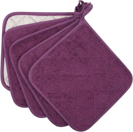 100% Cotton Kitchen Everyday Basic Terry Pot Holder Heat Resistant Coaster Potholder for Cooking and Baking Set of 5 Grape