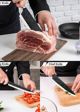 Numola 6 Pieces Black Professional Chef Knife Set, BBQ Meat Knives for Cooking, Forged Kitchen Knife with High Carbon Stainless Steel Cutlery Ergonomic Design Handle with Box for Couples Gift