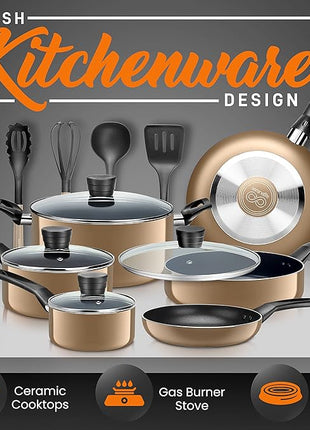 SereneLife Kitchenware Pots & Pans Basic Kitchen Cookware, Black Non-Stick Coating Inside, Heat Resistant Lacquer (15-Piece Set), One Size, Gold