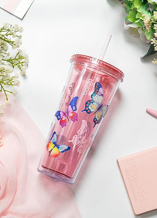 bzyoo Double Wall Tumbler with Straw and Lid Bottle Cold Drink Travel Mug Cup, 24oz (Butterfly Pink)