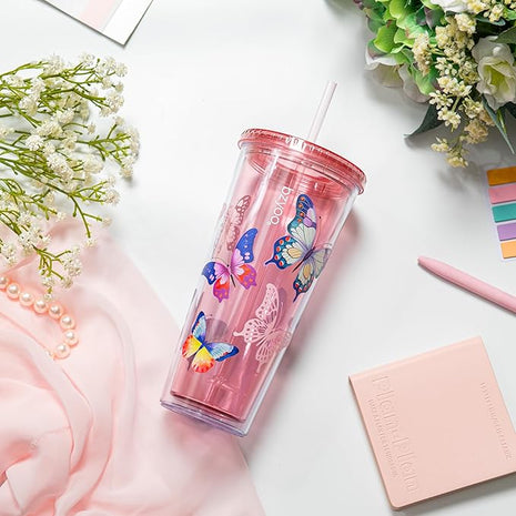 bzyoo Double Wall Tumbler with Straw and Lid Bottle Cold Drink Travel Mug Cup, 24oz (Butterfly Pink)