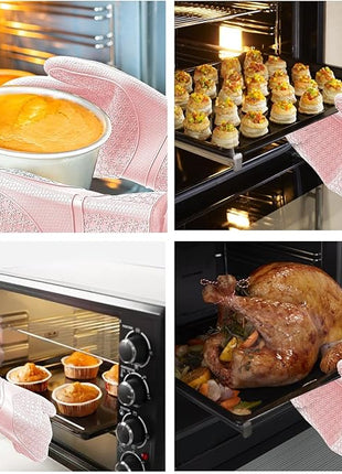 Hovico Silicone Oven Mitts, Heat Resistant 500F Kitchen Mitts 2PCS, 11.6" BPA-Free Soft Baking Gloves, Non-Slip Grip Oven Gloves with Soft Cotton Lining for Kitchen Cooking Baking BBQ - Pink