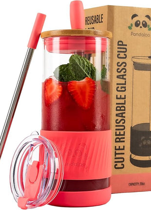 Pandaloo® Glass Cups With Lids and Straws -20 Fl Oz- Perfect Size Iced Coffee Cup - Smoothie Cup With Bamboo Lid and On the go Lid - Glass Tumbler With Straw (1 Count (Pack of 1), Coral)