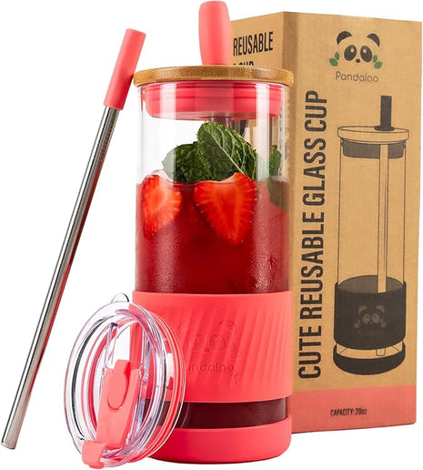 Pandaloo® Glass Cups With Lids and Straws -20 Fl Oz- Perfect Size Iced Coffee Cup - Smoothie Cup With Bamboo Lid and On the go Lid - Glass Tumbler With Straw (1 Count (Pack of 1), Coral)