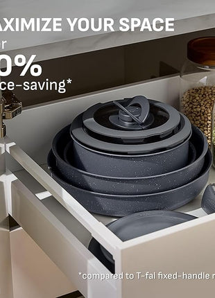 T-fal Ingenio Essentials Cookware Set with Detachable/Removable Handle 11 Piece, Granite Titanium Non Stick, Oven Broiler Safe 500F, Stackable, Pots and Pans Set, Frying Pans, Dishwasher Safe, Gray