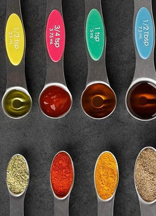 Magnetic Measuring Spoons Set of 7 Stainless Steel Stackable Dual Sided Teaspoon Tablespoon for Measuring Dry and Liquid Ingredients, Fits in Spice Jar