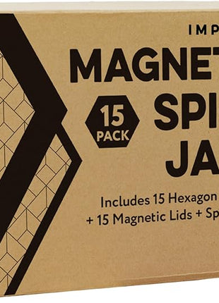 IMPRESA Hexagon Magnetic Spice Jars - Pack of 15-1.74 Oz Strong Magnetic Seasoning Containers - Space-Saving Honeycomb Spice Jars - Airtight Glass Storage Containers with Steel Lids