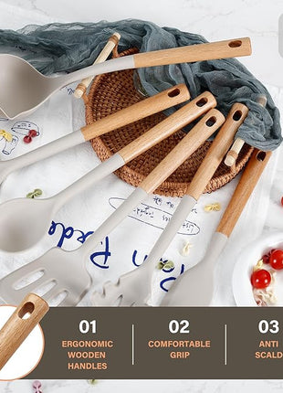 Silicone Cooking Utensils Set, Heat Resistance Large Kitchen Utensils Set with Long Wooden Handle, BPA-free Silicone Spatula, 6 Pcs Cooking Spoons for Non Stick Frying Pans and Pots(Khaki）