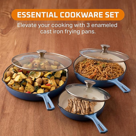 Bruntmor Pre-Seasoned Cast Iron Frying Pan Set - 8, 10, 12 Inch Blue Enamel Nonstick Skillets with Tempered Glass Lid - Oven Safe Egg and Grill Pan Set for Cooking, Searing, and Frying