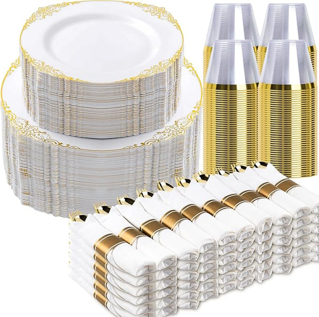 700PCS Gold Plastic Plates for 100 Guests, Disposable Dinnerware Sets Include 200 Gold Rim Plastic Plates, 100 Silverwares, 100 Cups, and 100 Pre Rolled Napkins for Party, Wedding, Graduation