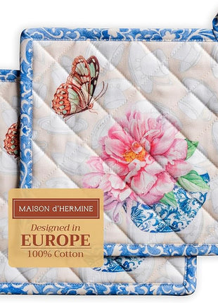 Maison d' Hermine Pot Holders Set 100% Cotton Heat Resistant Potholders 8" x 8" Hot Pads with Loop BBQ, Cooking, Baking, Grilling, Kitchen, Handling Hot Pans Spring/Summer (Pack of 2, Canton)