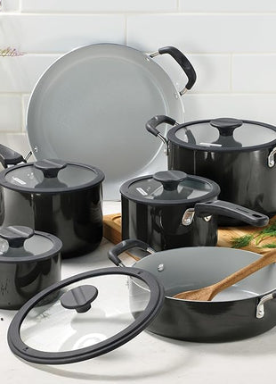 Tramontina Ceramic Non Stick 11-Piece Nesting Pots and Pans Set with Lids - Stackable Nonstick Cookware Set, Dishwasher and Oven Safe, Dark Gray