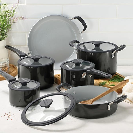 Tramontina Ceramic Non Stick 11-Piece Nesting Pots and Pans Set with Lids - Stackable Nonstick Cookware Set, Dishwasher and Oven Safe, Dark Gray