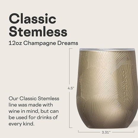 Corkcicle Stemless Wine Tumbler - Keeps Drinks Cold for 6 Hours - Triple-Insulated Stainless Steel - Non-Slip Base - Summer Drinkware Gift - Keeps Drinks Ice Cold - 12 oz - Champagne Dreams