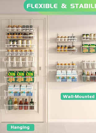 Over The Door Pantry Organizer, Pantry Organization and Storage, 8-Tier Deep Baskets Hanging Heavy-Duty Metal, Wall Spice Rack Seasoning Shelves for Home & Kitchen, Laundry Room Bathroom, White