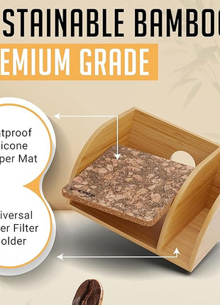 HEXNUB – Caddy for Pour Over Coffee Maker, Bamboo Stand fits Chemex, Bodum, Cosori Coffee Carafes, Heatproof Mat, Filter Holder for Drip Coffee Maker - Cork Mat