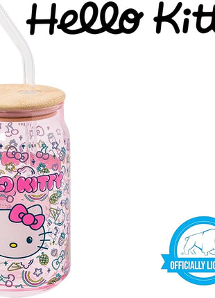 Silver Buffalo Sanrio Hello Kitty Neon Fruits Rainbows and Hearts Pattern Glass Jar Tumbler with Bamboo Lid and Glass Straw, 16 Ounces