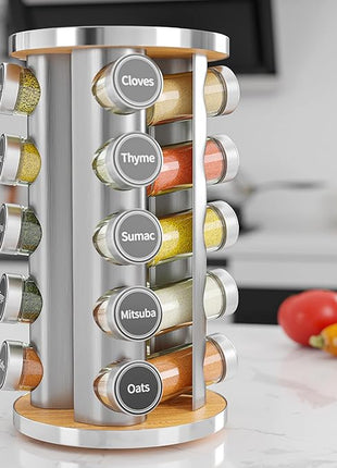 Revolving Spice Rack Set with 20 Spice Jars, Kitchen Spice Tower Organizer for Countertop or Cabinet -- Carousel Storage Includes 386 Spice Labels -- Desktop Rotating Seasoning Organizer