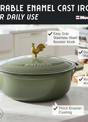MUELLER HOME 5.5 Quart Enameled Cast Iron Oval Dutch Oven w Rooster Knob & Cotton Potholders, Heavy-Duty Cookware, Oven-Safe up to 500° F & Across All Cooktops, Gifts for Grandma & Women, Thyme Green