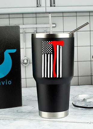 JENVIO Firefighter Gifts for Men | Stainless Steel Travel Tumbler/Mug with Two Lids and Gift Box | Thin Red Line Flag Design for Fireman Gift | Christmas Department | First Responder