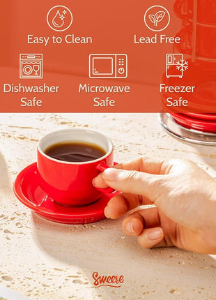 Sweese 2.5 Ounce Porcelain Stackable Espresso Cups with Saucers and Metal Stand Set of 4, Red