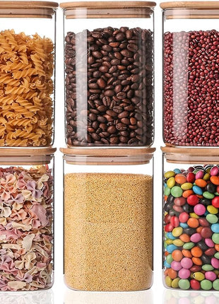 YUNCANG Glass Storage Jars 6 Pack 37oz Clear Glass Food Storage Containers with Airtight Bamboo Lid Stackable Kitchen Canisters for Candy,Cookie,Rice,Sugar,Flour,Pasta,Nuts and Spice Jars(Square)