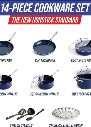 Blue Diamond 14 Piece Nonstick Cookware Set, Diamond Ceramic Pots & Pans, Dishwasher & Metal Utensil Safe, Non Toxic PFAS-Free, Kitchen Cooking Sauce & Saute Pans, Oven & Broiler to 600F, Blue