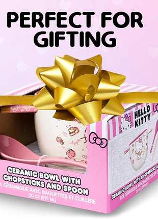 Silver Buffalo Sanrio Hello Kitty Apples and Cinnamon Ceramic Ramen Noodle Rice Bowl with Chopsticks and Spoon, Microwave Safe, 20 Ounces