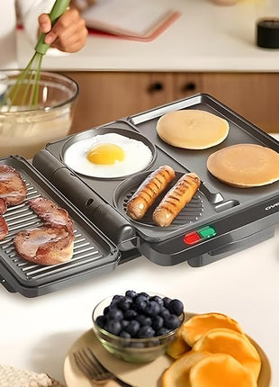 OVENTE Sandwich Maker and Hamburger Grill Machine with Non-Stick Griddle and Griller Plate, 1000W Electric Multipurpose Breakfast Station for Sandwiches, Burgers, Egg Muffin & Pancakes, Black HMG111B