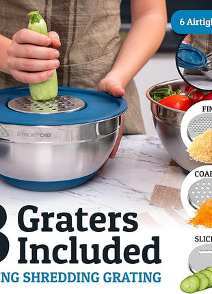 Priority Chef 6Pc Large Mixing Bowls With Lids Set with Non-Slip Bases, Stainless Steel Mixing Bowl Set, 6 Airtight Lids and 3 Graters, Blue