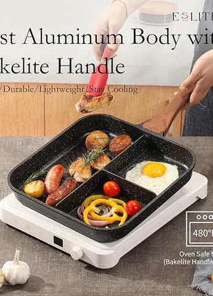 ESLITE LIFE 11 Inch Nonstick Divided Grill Pan with Lid for Indoor Cooking, Versatile 3-In-1 Induction Large Breakfast Pan for Stove Tops, PTFE & PFOA Free, Black