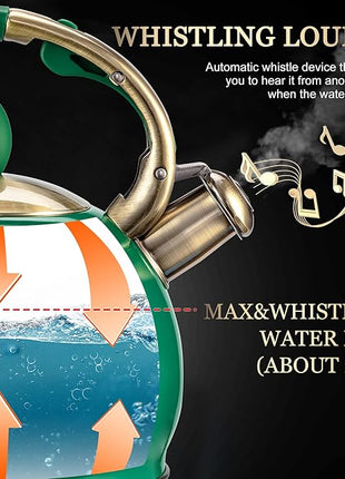 SUSTEAS Stove Top Whistling Tea Kettle - Food Grade Stainless Steel Teakettle Teapot with Cool Touch Ergonomic Handle, With 1 Silicone Pinch Mitt Included, 2.64 Quart (Green)